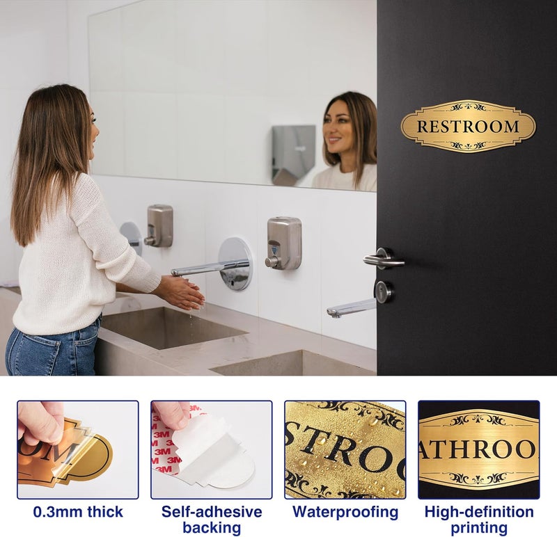LUHIMO Restroom Sign Sticker for Business & Home, Self-Adhesive Brushed Gold Elegant Bathroom Signs for Door, Durable & Waterproof Unisex Restroom Signage for House toilet, Office, Store, Shop - Image 3
